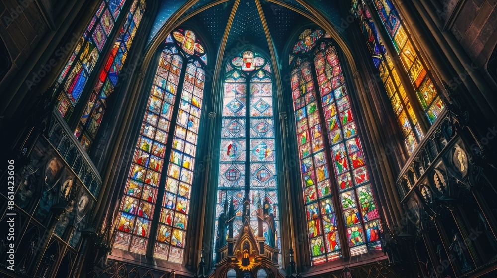 A cross-shaped window in a medieval cathedral, with colorful stained glass panels depicting biblical scenes, illustrating religious artistry e6afcfc1011e A cross-shaped window in a medieval cathedral, with colorful stained glass panels depicting biblical scenes, illustrating religious artistry e6afcfc1011e