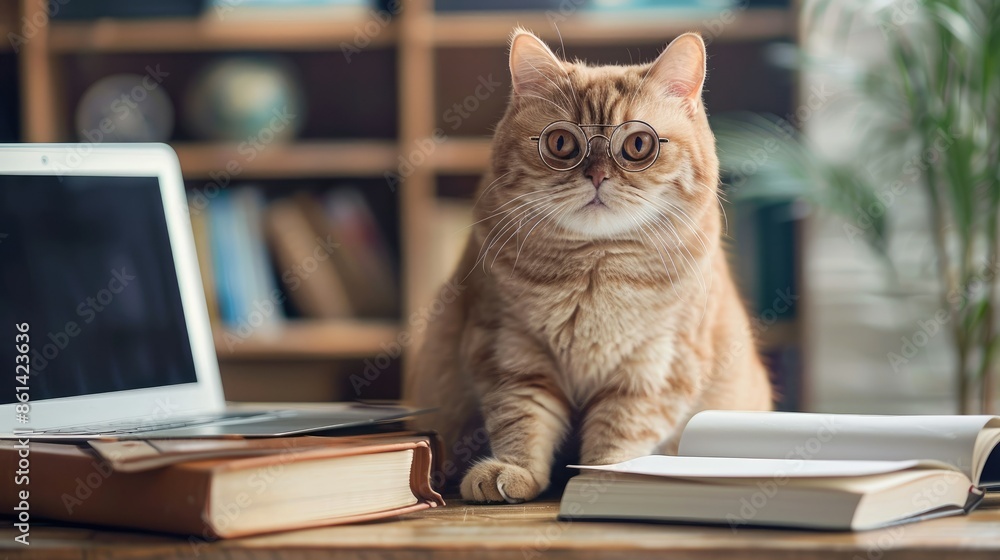 A cute cat wearing round glasses sitting on a desk with books and a laptop, looking like a studious feline ready for work A cute cat wearing round glasses sitting on a desk with books and a laptop, looking like a studious feline ready for work