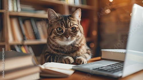 A cute cat wearing round glasses sitting on a desk with books and a laptop, looking like a studious feline ready for work