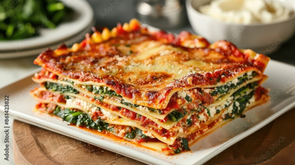 A delicious vegetable lasagna, layered with spinach, ricotta, and marinara sauce A delicious vegetable lasagna, layered with spinach, ricotta, and marinara sauce