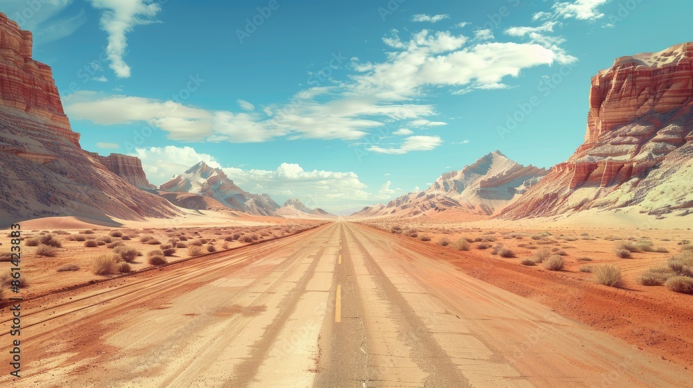 Fototapeta premium A desert road stretching into the distance, surrounded by sand dunes and rocky outcrops, with a sense of adventure and exploration
