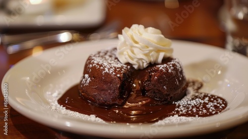 A decadent molten lava cake with rich chocolate oozing out, served with a side of whipped cream photo