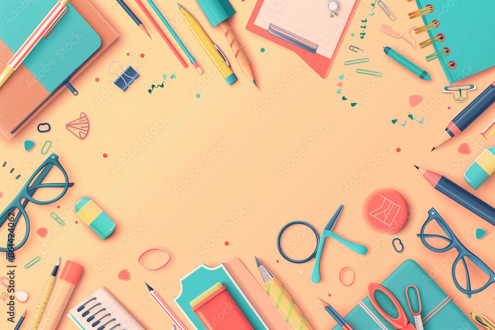 Back to School background with place for text. Horizontal banner for web design. Collection of school supplies in a bright flat style. Educational concept. Copy space, mockup, overhead, template Back to School background with place for text. Horizontal banner for web design. Collection of school supplies in a bright flat style. Educational concept. Copy space, mockup, overhead, template