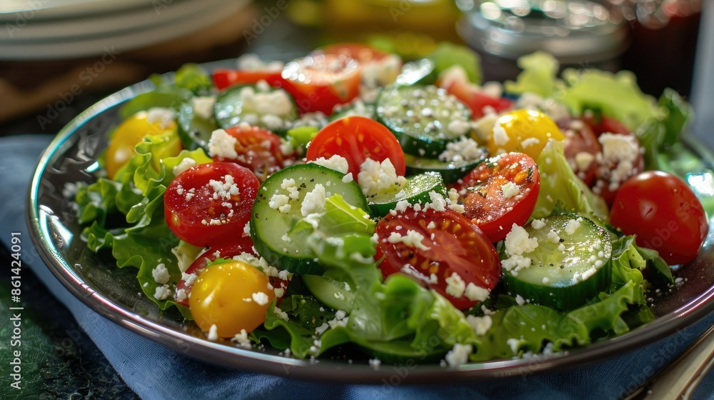 A fresh garden salad with lettuce, tomatoes, cucumbers, and a sprinkle of feta cheese A fresh garden salad with lettuce, tomatoes, cucumbers, and a sprinkle of feta cheese
