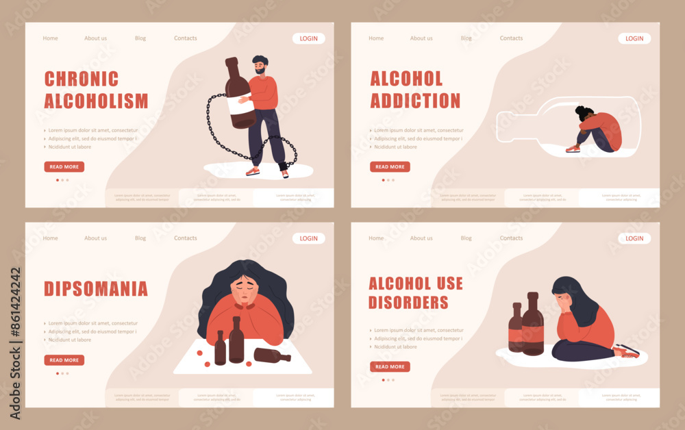 Alcoholism concept. Set of Landing page template. Depressed Characters with Alcohol Addiction. People with Substance Abuse. Vector illustration in flat cartoon style. Alcoholism concept. Set of Landing page template. Depressed Characters with Alcohol Addiction. People with Substance Abuse. Vector illustration in flat cartoon style.