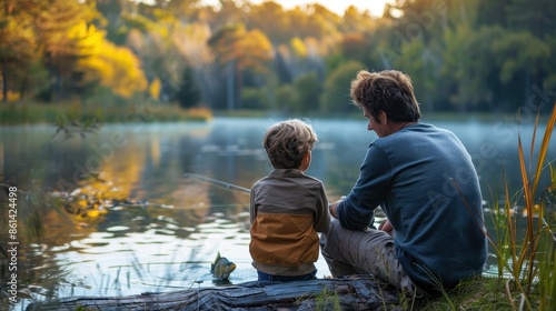 A father and child share a bonding moment while fishing at dawn by a picturesque lake, surrounded by the tranquility and natural beauty of the forest.