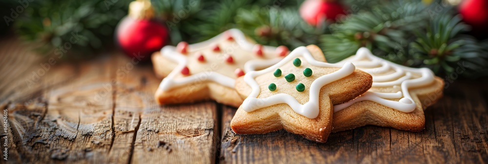 Festive close up of christmas cookies with tree and star shaped icing for holiday delight Festive close up of christmas cookies with tree and star shaped icing for holiday delight