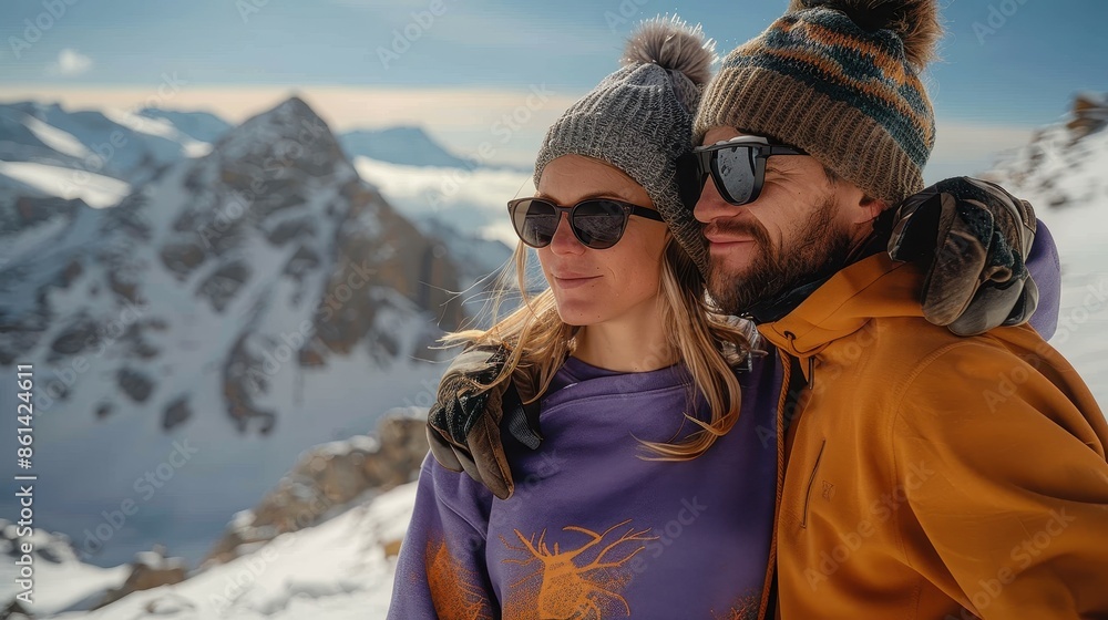 A couple dressed in colorful winter clothing embraces warmly while enjoying the stunning snow-covered mountain scenery, reflecting their joy and love for the outdoors. A couple dressed in colorful winter clothing embraces warmly while enjoying the stunning snow-covered mountain scenery, reflecting their joy and love for the outdoors.