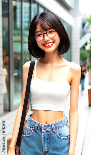 beautiful Japanese girl, beautiful smile, with black hair short to the ears, wearing a glasses. 28