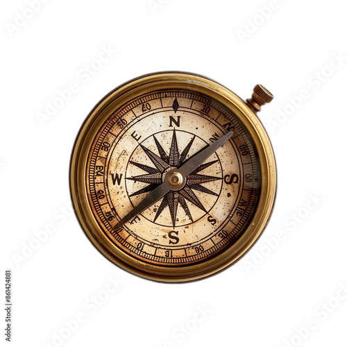 A close-up image of a vintage brass compass with a compass rose and cardinal directions on a transparent background