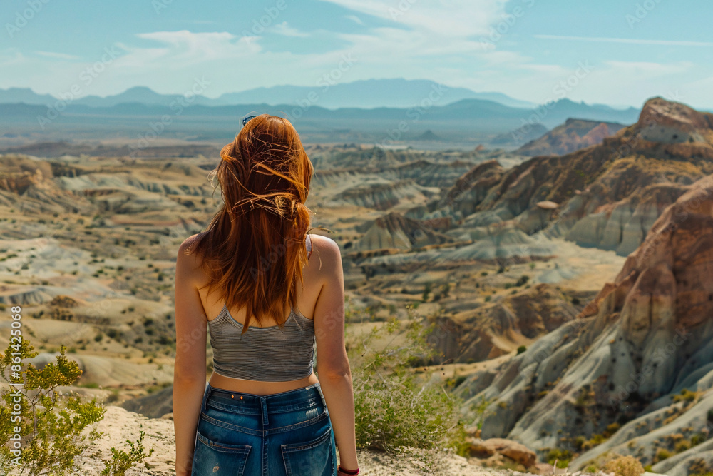 Naklejka premium A red-haired woman stands on a cliff edge, overlooking a vast, arid desert landscape filled with rugged terrain and distant mountains under a clear blue sky, symbolizing solitude and reflection.