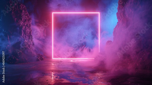 Pink neon frame, dark room, smoke, water photo