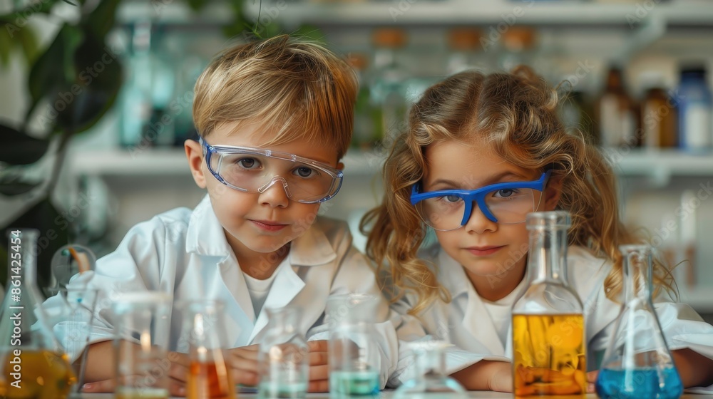 Two children in lab coats and goggles closely examining colorful liquid chemicals in beakers within a laboratory setting, highlighting their curiosity and engagement in science and discovery. Two children in lab coats and goggles closely examining colorful liquid chemicals in beakers within a laboratory setting, highlighting their curiosity and engagement in science and discovery.