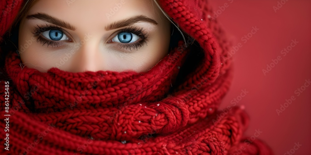 Woman with blue eyes wearing red hoodie and scarf covering face. Concept Portrait Photography, Fashion Blogger, Fall Accessories, Cozy Red Outfit, Blue Eyed Model Woman with blue eyes wearing red hoodie and scarf covering face. Concept Portrait Photography, Fashion Blogger, Fall Accessories, Cozy Red Outfit, Blue Eyed Model