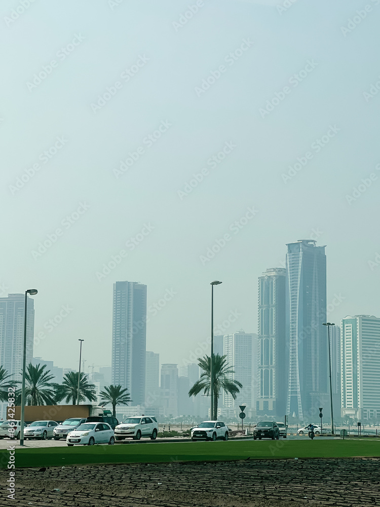 Beautiful view of high-rise buildings from the road in Dubai, 2024