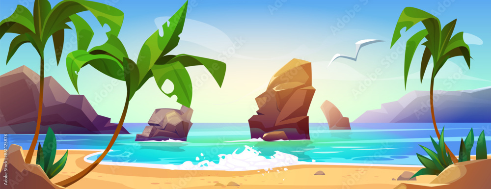 Fototapeta premium Summer sea or ocean beach landscape with blue water in tropical lagoon, green palm trees and sand on shore, rock mountains and seagull in blue sky on sunny day. Cartoon vector coastline scenery.