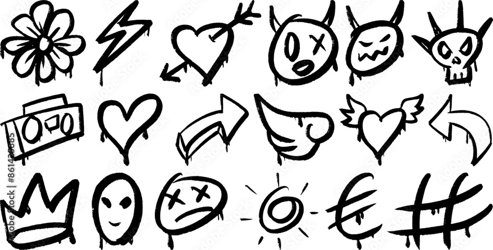 Collection of spooky graffiti icons Featuring skull, lightning bolt, arrow, heart and Other Creepy Elements with Dripping Effects Collection of spooky graffiti icons Featuring skull, lightning bolt, arrow, heart and Other Creepy Elements with Dripping Effects