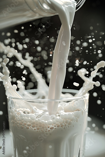 A cold milk being poured into a glass with a splach. photo