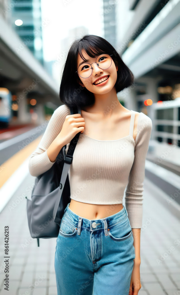 beautiful Japanese girl, beautiful smile, with black hair short to the ears, wearing a glasses. 44 beautiful Japanese girl, beautiful smile, with black hair short to the ears, wearing a glasses. 44