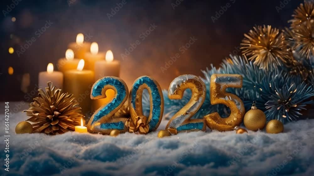 Text 2025 and burning candle Happy new year concept