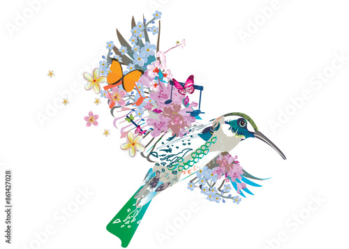 Abstract flying bird decorated with summer and spring flowers, notes, butterflies. Light and relax music. Hand drawn vector illustration.