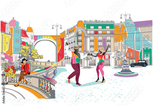 Series of colorful retro street views with fashion people in the old city. Hand drawn vector architectural background with historic buildings. Romantic couple in passionate Latin American dances. 