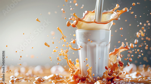 A caramel milk being poured into a glass with a splach. Light gray background with opy space. photo