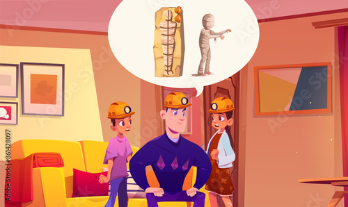 Kids with father dream about egypt mummy vector. Children character sitting in apartment living room on sofa. Curious sister and brother inside flat hallway or modern livingroom with lounge decor