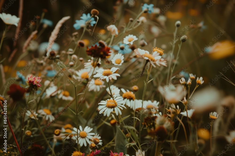 Wildflower Meadow with Daisies and Blue Blossoms in Soft Focus Under Warm Light Wildflower Meadow with Daisies and Blue Blossoms in Soft Focus Under Warm Light