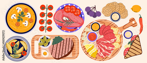 The process of preparing delicious food from above.  Various Ingredients for dishes and food.  Master Class. Preparing food. Flat style. Meal. Set of tasty food. Brunch, lunch, breakfast, dinner. 