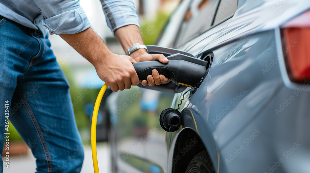 Close up of man plugging power cable into hybrid car at charging station. Using natural light. Close up of man plugging power cable into hybrid car at charging station. Using natural light.