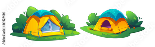 Camp tent stand on green grass island with bush foliage. Cartoon vector illustration set of campsite for summer outdoor adventure. Camper equipment accessories for eco tourism leisure and expedition.