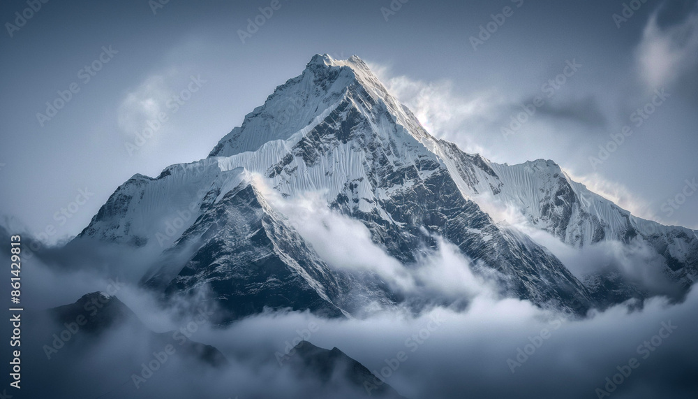 Obraz premium Snow-capped mountain peak rising above the clouds, creating a serene and majestic view of nature's grandeur