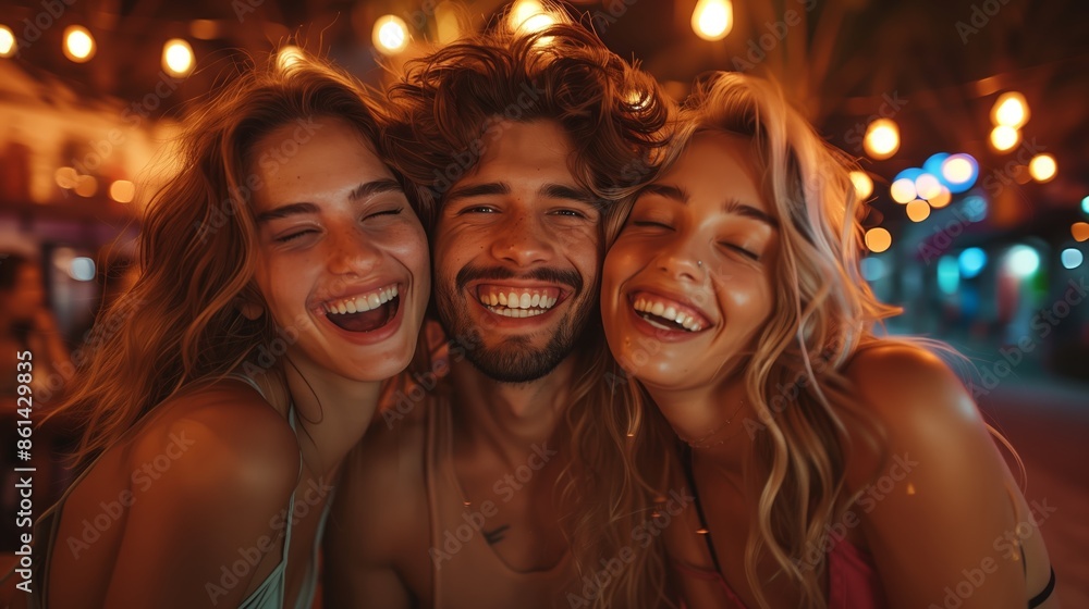 Three Friends Laughing Together During Nighttime Outing Three Friends Laughing Together During Nighttime Outing