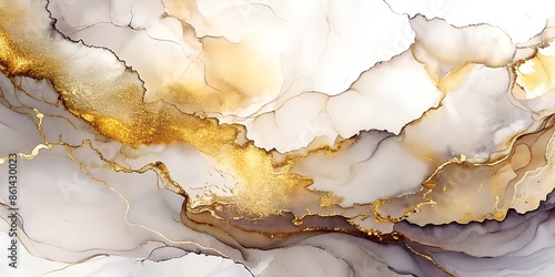 A close-up photo of an abstract painting featuring white and gold ink swirls on canvas