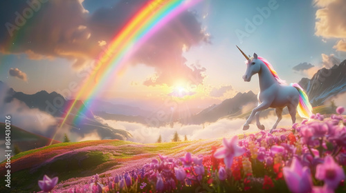 Fairy tale unicorn running in meadow full of vivid colored flowers