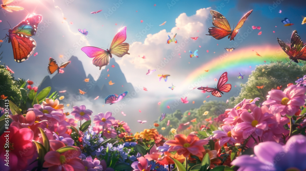 Dream-like candy-colored landscape with a lot of of colorful butterflies Dream-like candy-colored landscape with a lot of of colorful butterflies