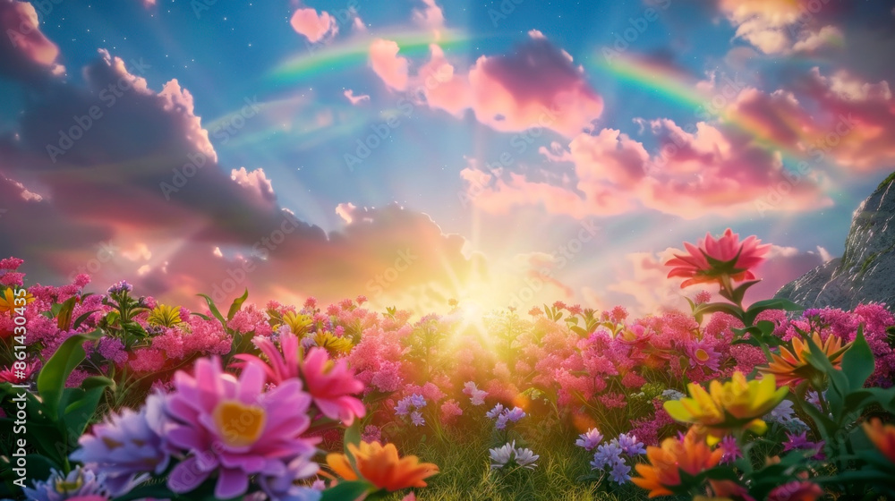 Vivid dream-like candy-colored landscape with blossoming fields and rainbow, small girl's dream Vivid dream-like candy-colored landscape with blossoming fields and rainbow, small girl's dream