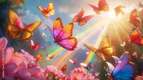 Colorful butterflies in idyllic pink peaceful heavenly landscape with rainbows