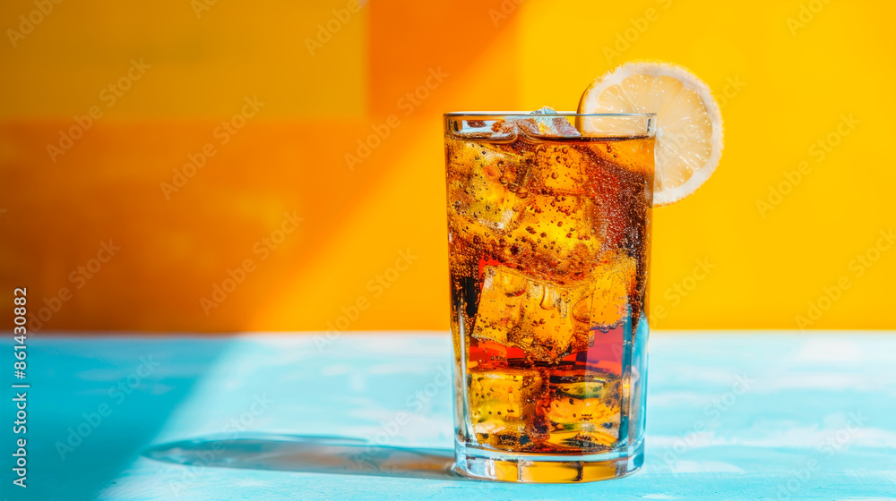 Refreshing Long Island Iced Tea cocktail with citrus on multi-colored background Refreshing Long Island Iced Tea cocktail with citrus on multi-colored background