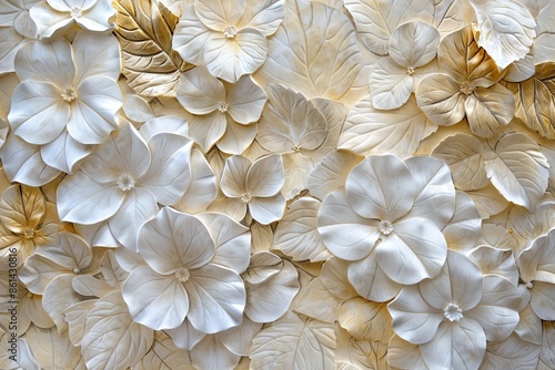 white and gold hydrangea stucco relief: Classic petals in various shades, nestled amidst lush leaves © Mari