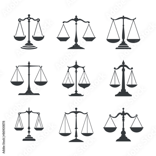 Scales. Vector balance scales set. Symbol for Justice. Attorney services, lawyer, logo design inspiration. 