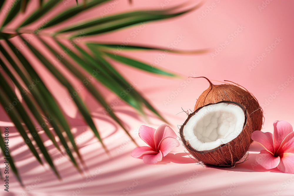 Whole coconut and half of fresh ripe coconut and tropical pink flowers on a pink background. Palm leaf. Tropical exotic fruits, flowers and leaves. Summer. Whole coconut and half of fresh ripe coconut and tropical pink flowers on a pink background. Palm leaf. Tropical exotic fruits, flowers and leaves. Summer.