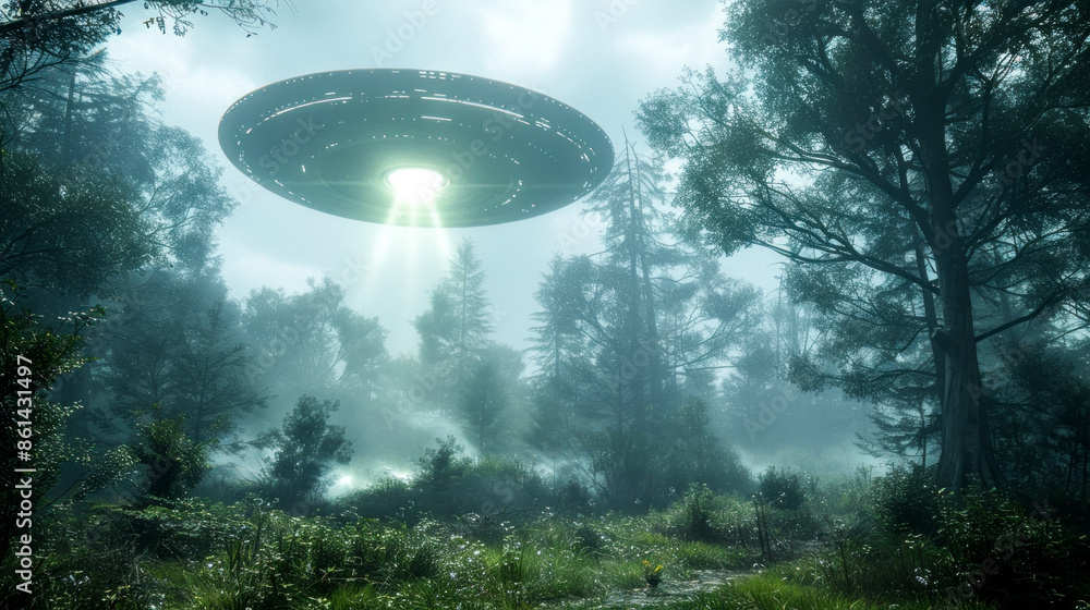 Alien spacecraft, UFO, flying saucer in the forest Alien spacecraft, UFO, flying saucer in the forest