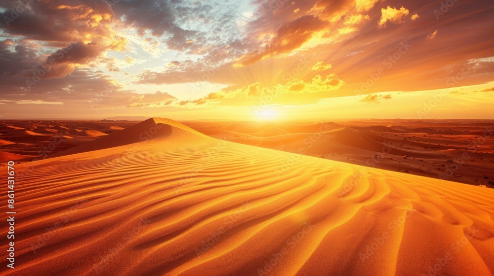 A breathtaking view of sand dunes bathed in the warm glow of a desert sunset. The sky ablaze with fiery hues adds a sense of adventure and vastness to this stunning landscape. Generative AI A breathtaking view of sand dunes bathed in the warm glow of a desert sunset. The sky ablaze with fiery hues adds a sense of adventure and vastness to this stunning landscape. Generative AI