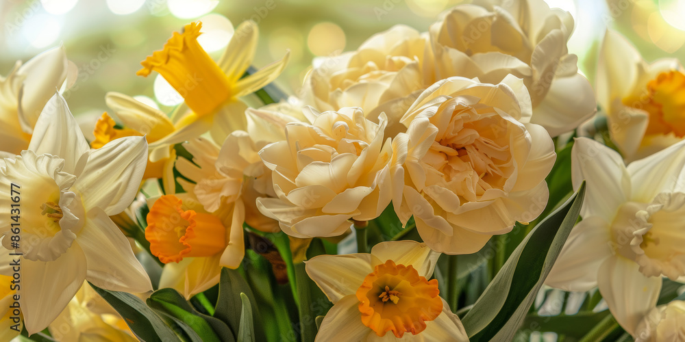 Beautiful Spring Daffodil and Peony Flower Bouquet with Soft Focus Background Beautiful Spring Daffodil and Peony Flower Bouquet with Soft Focus Background