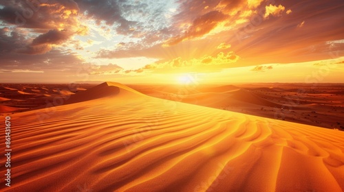A breathtaking view of sand dunes bathed in the warm glow of a desert sunset. The sky ablaze with fiery hues adds a sense of adventure and vastness to this stunning landscape. Generative AI