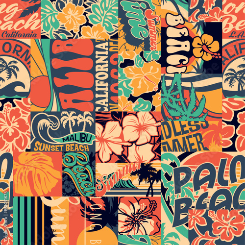 California summer beaches graphics patchwork wallpaper vintage vector seamless pattern  for fabric shirt beach towel tablecloth pillow wrapping
