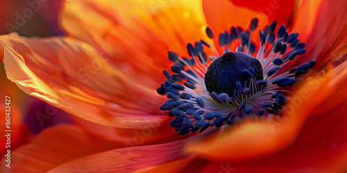Close Up of Vibrant Orange Flower with Deep Blue Center in Full Bloom