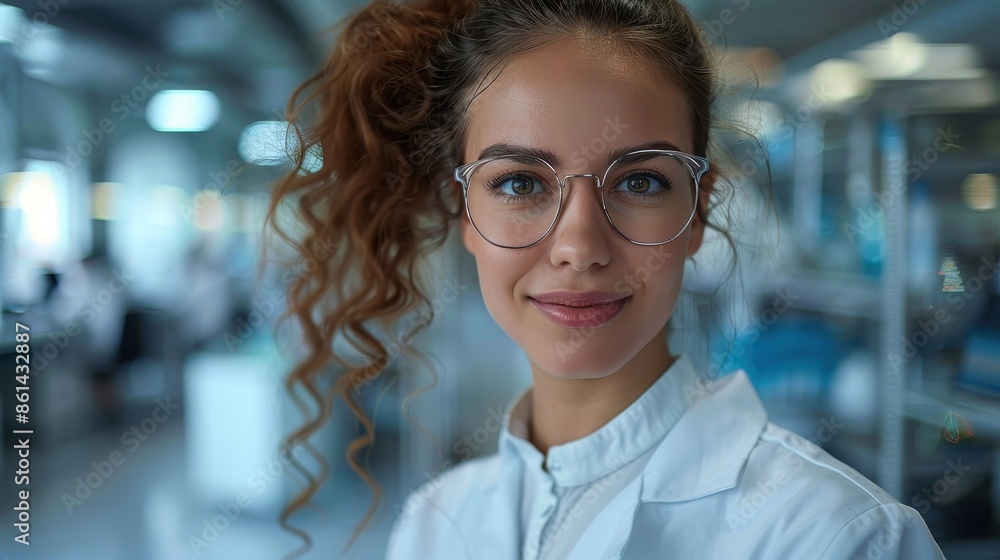 Fototapeta premium A female scientist with curly hair and glasses is smiling brightly in a modern laboratory while wearing a lab coat, showcasing positivity and scientific enthusiasm.